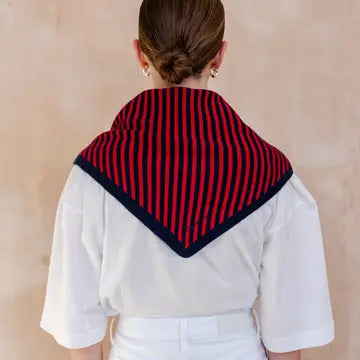 Merino Wool Triangle Scarf in Navy & Red Stripe