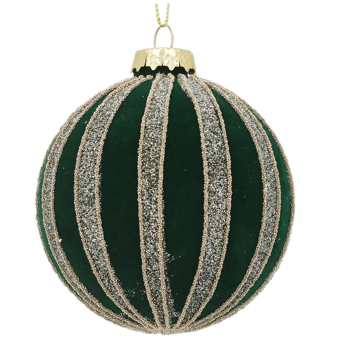 Glass Bauble | 8cm | Green Flock w Glitter Stripes