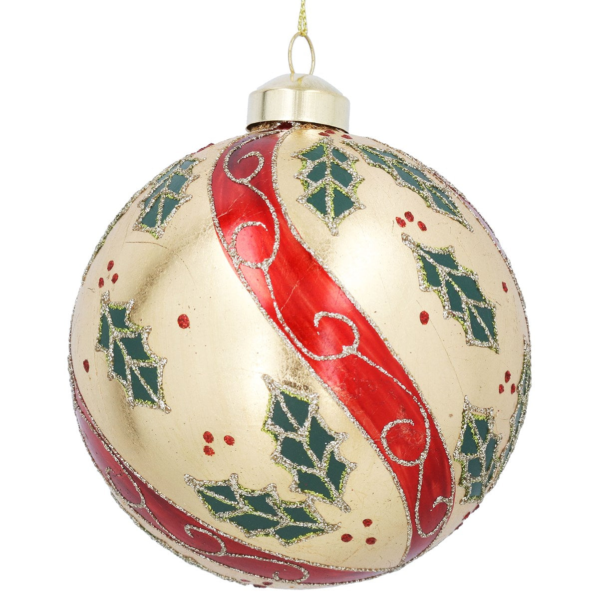 Glass Bauble | 10cm | Gold w Red Swirls/Holly
