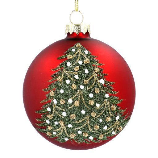 Matt Red Bauble with Green Beaded Tree