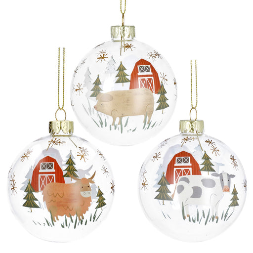 Clear Glass Baubles with Farmyard Animals