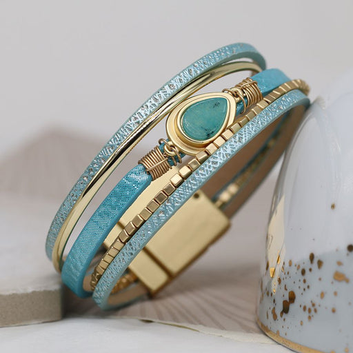 Aqua Leather & Gold Bracelet