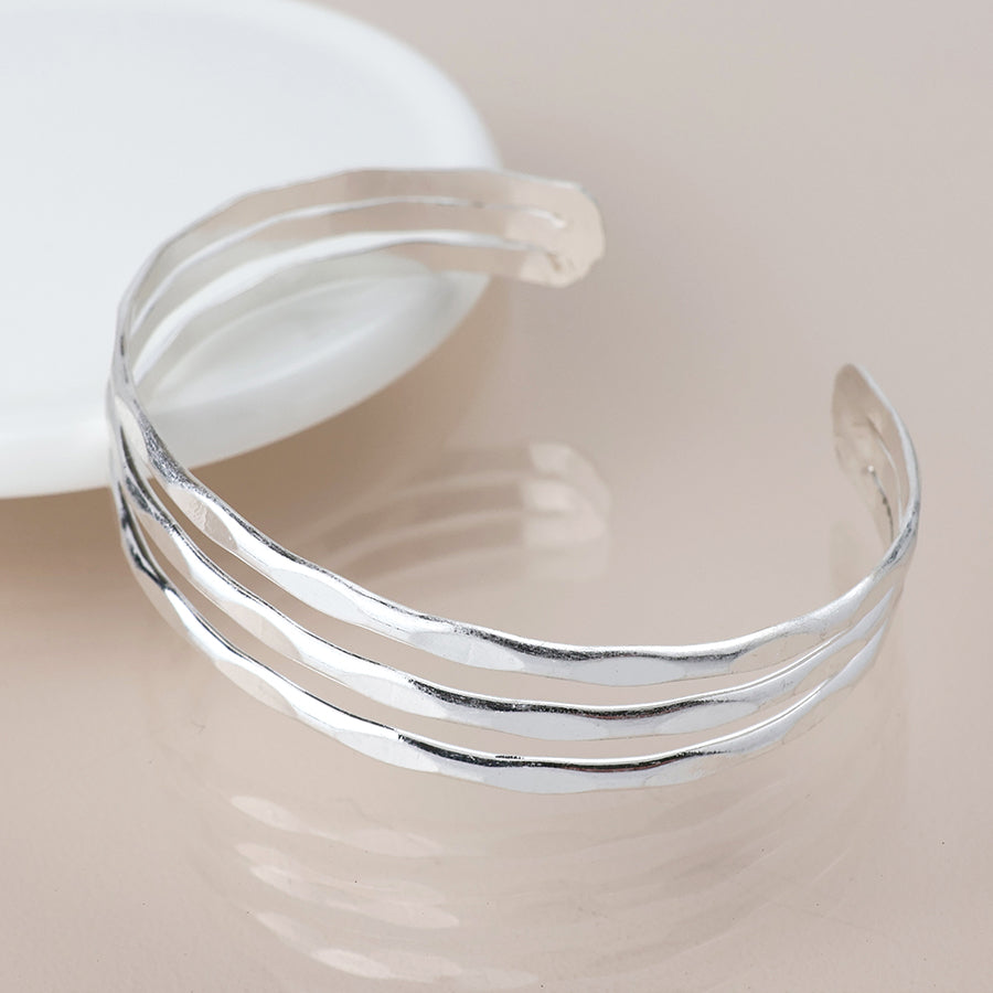 Hammered Triple Layer Bangle | Silver