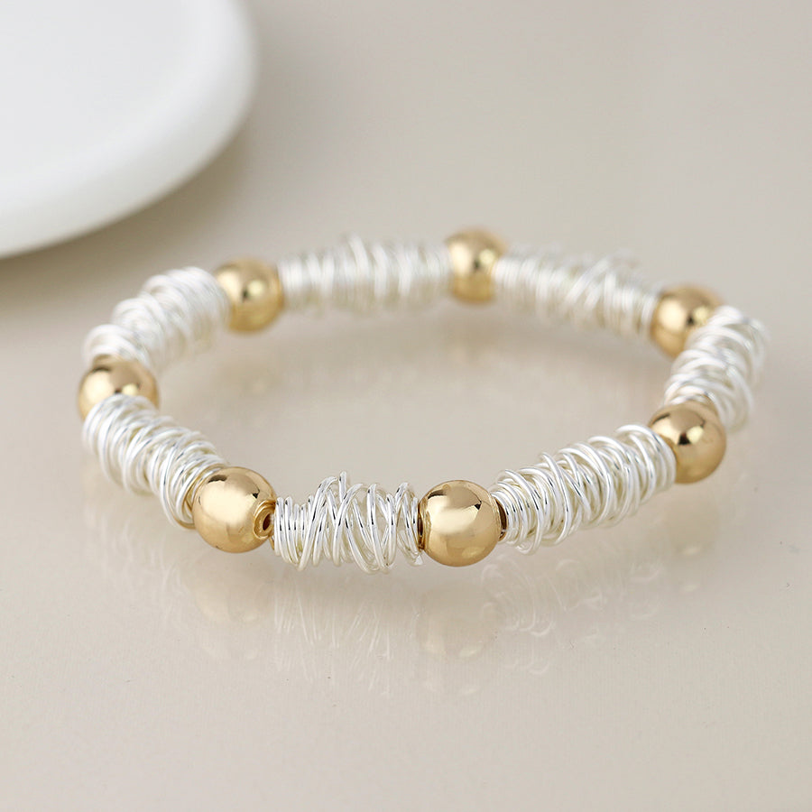 Silver Plated Spun Yarn and Golden Bead Bracelet