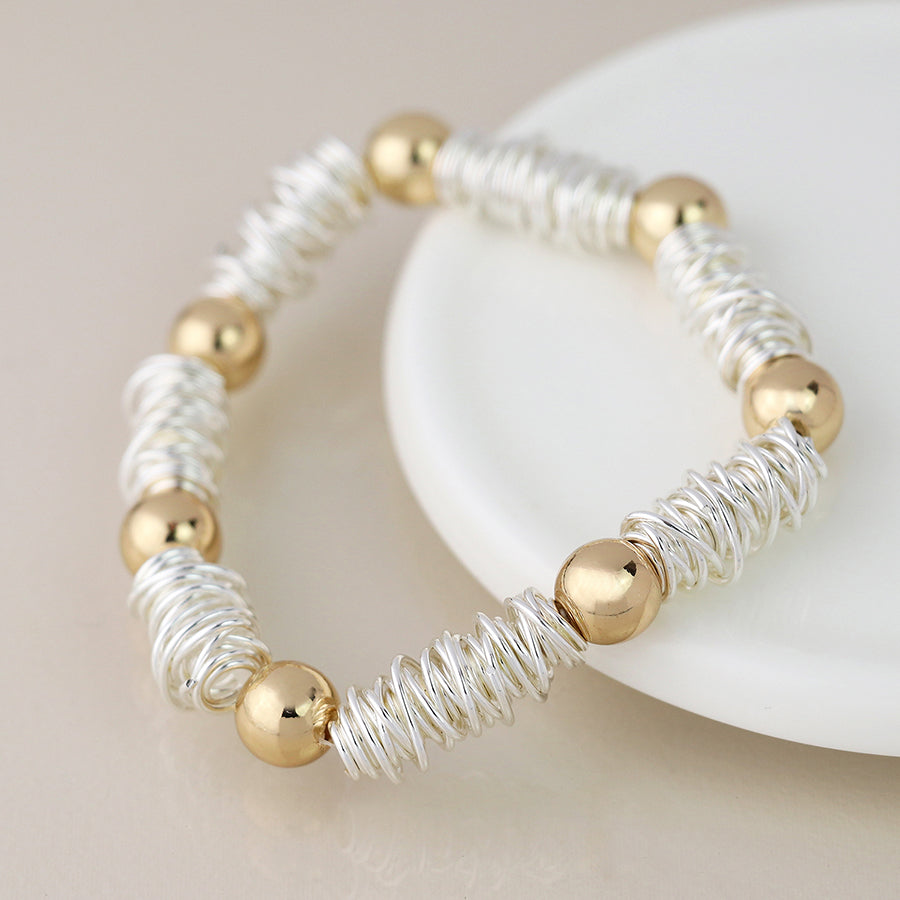 Silver Plated Spun Yarn and Golden Bead Bracelet