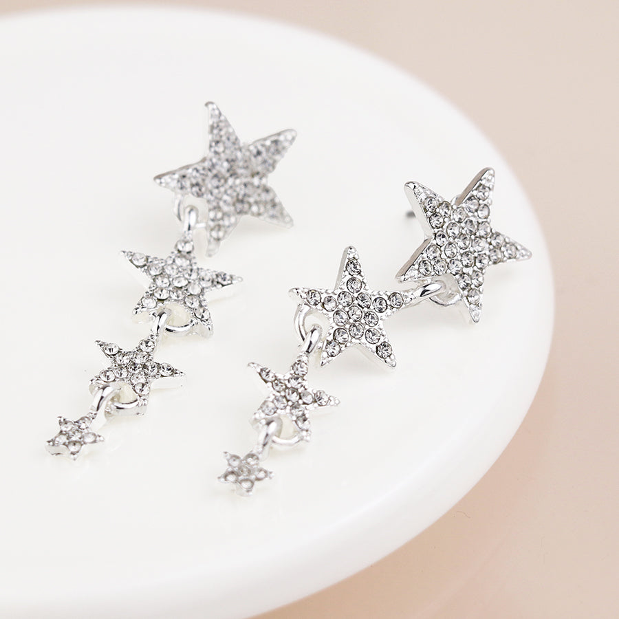 Silver Plated Graduated Crystal Star Earrings