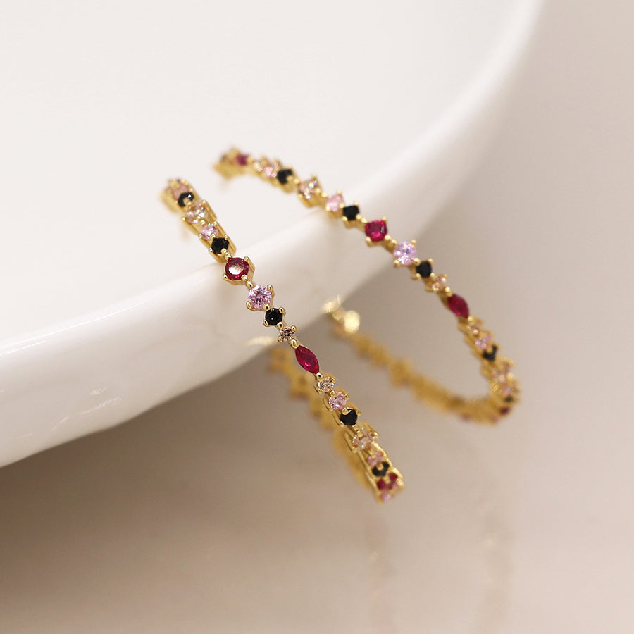 Golden Red and Black Crystal Hoop Earrings