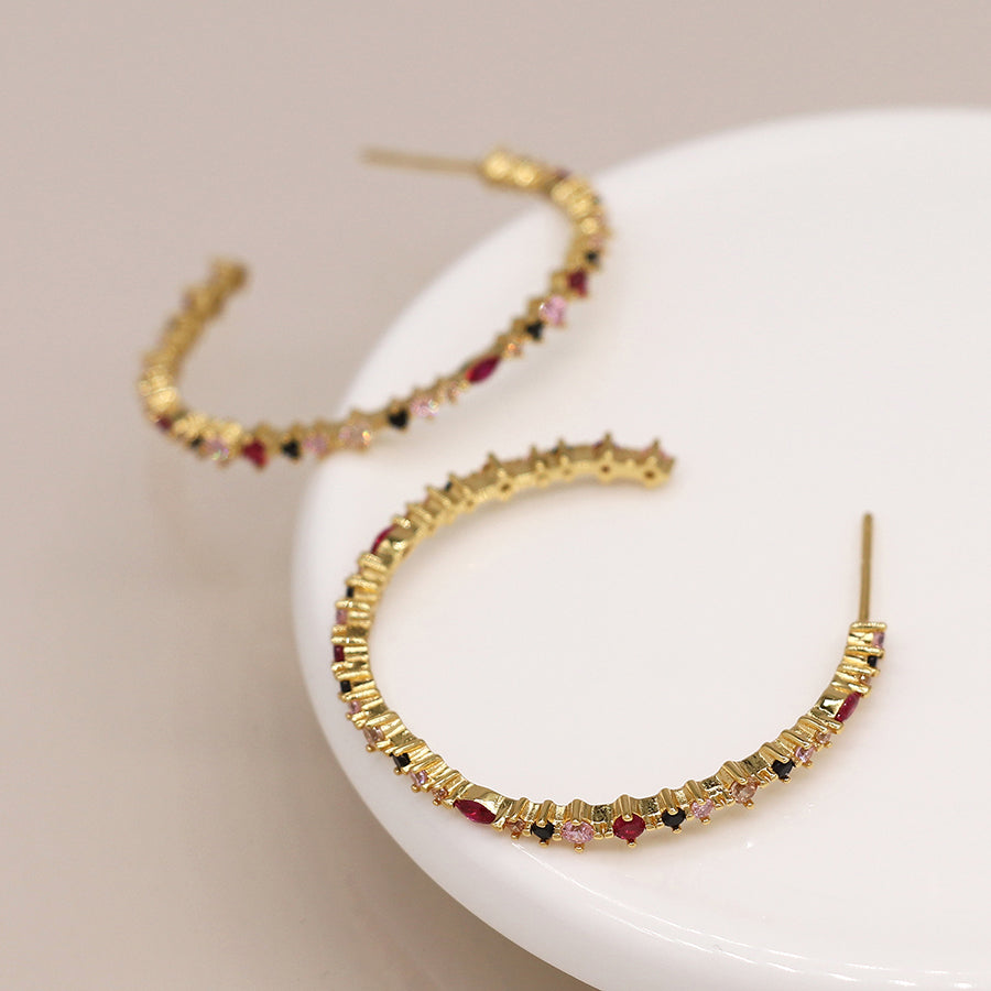 Golden Red and Black Crystal Hoop Earrings