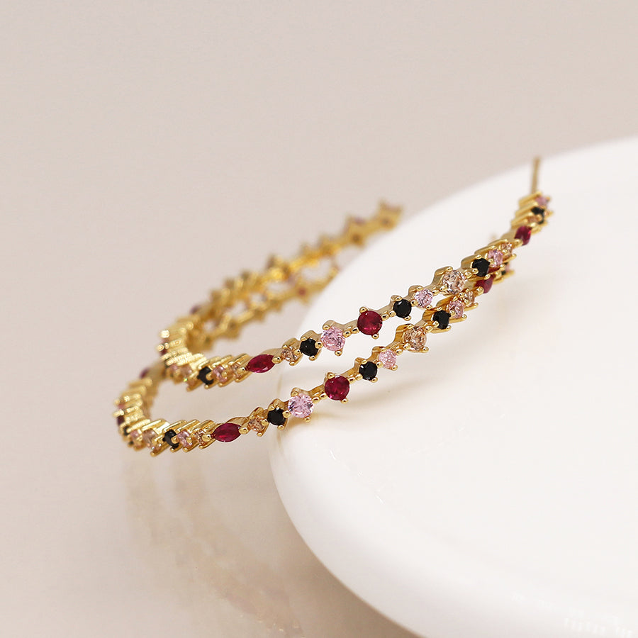 Golden Red and Black Crystal Hoop Earrings