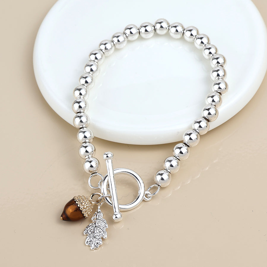 Bead, Oak Leaf and Acorn Charm Bracelet | Silver Plated