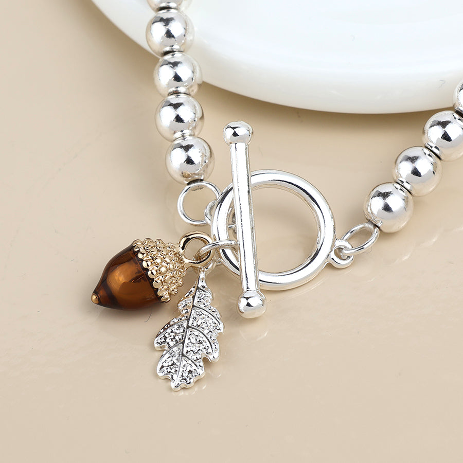 Bead, Oak Leaf and Acorn Charm Bracelet | Silver Plated