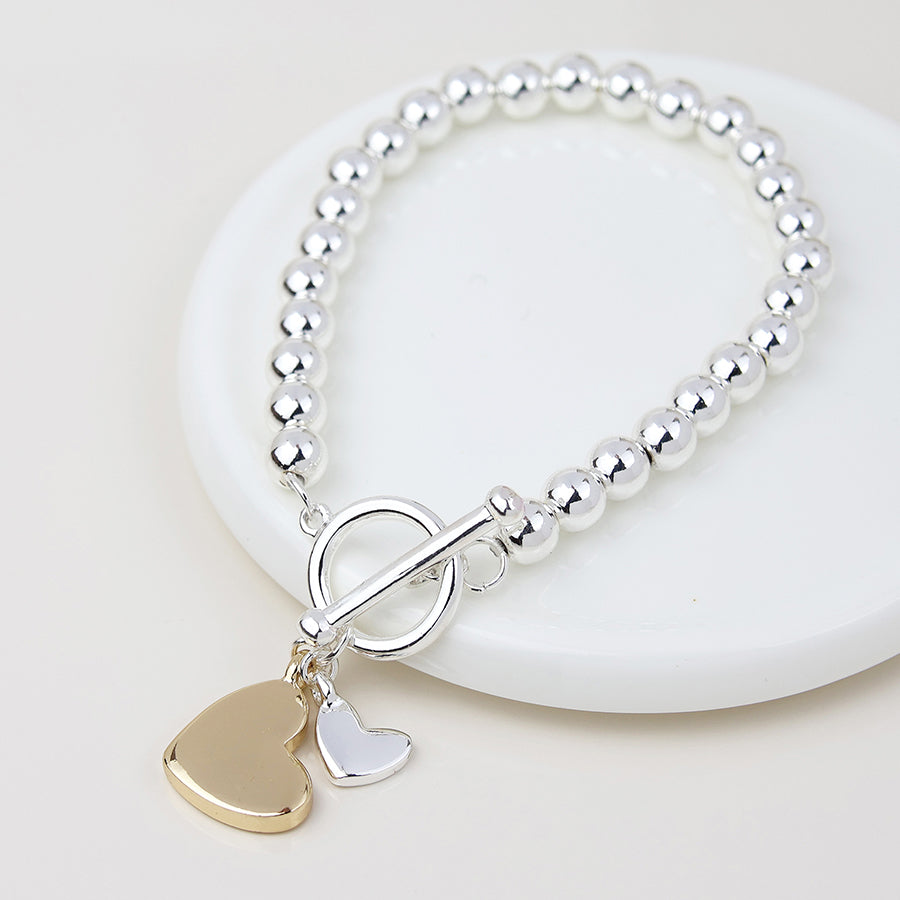 Stretch Beaded and Double Hearts Charm Bracelet | Silver Plated