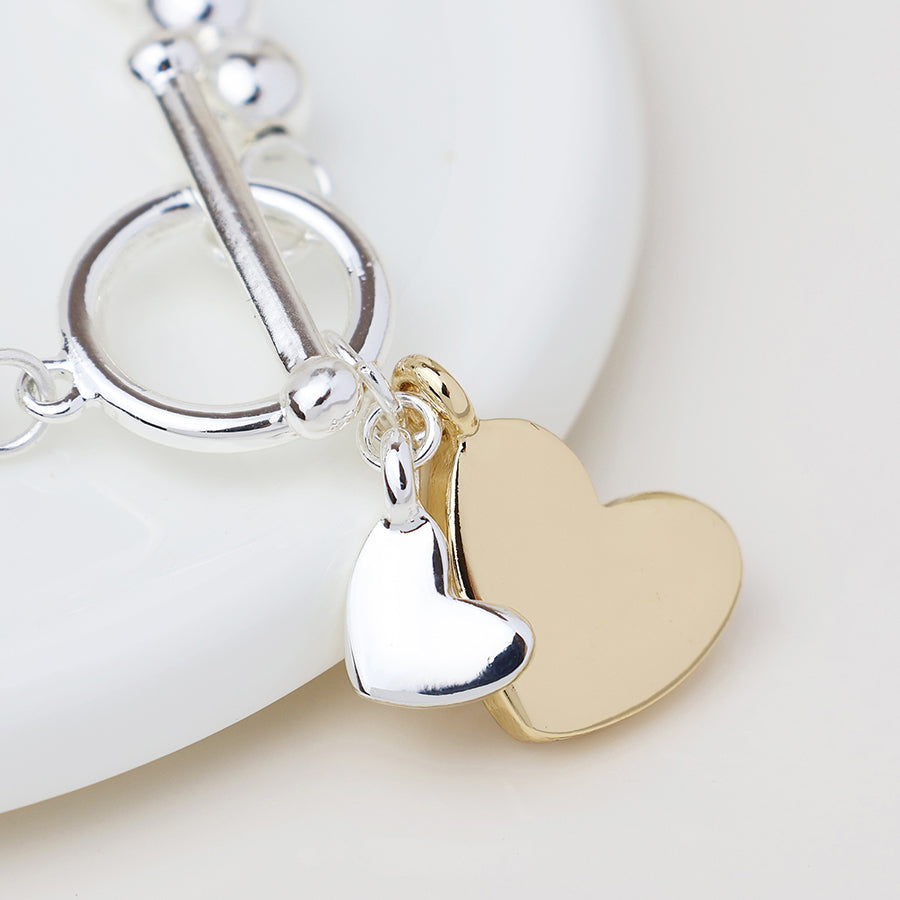 Stretch Beaded and Double Hearts Charm Bracelet | Silver Plated