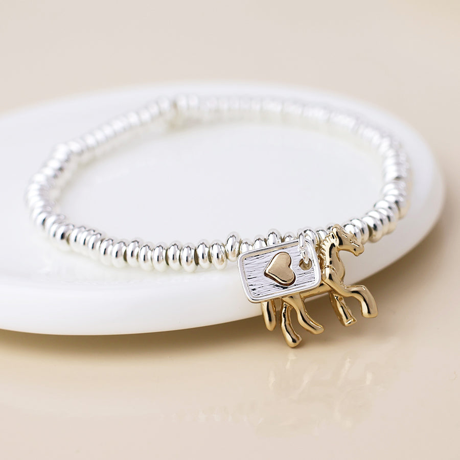 Stretch Bracelet With Horse and Heart Motif Charms | Silver Plated