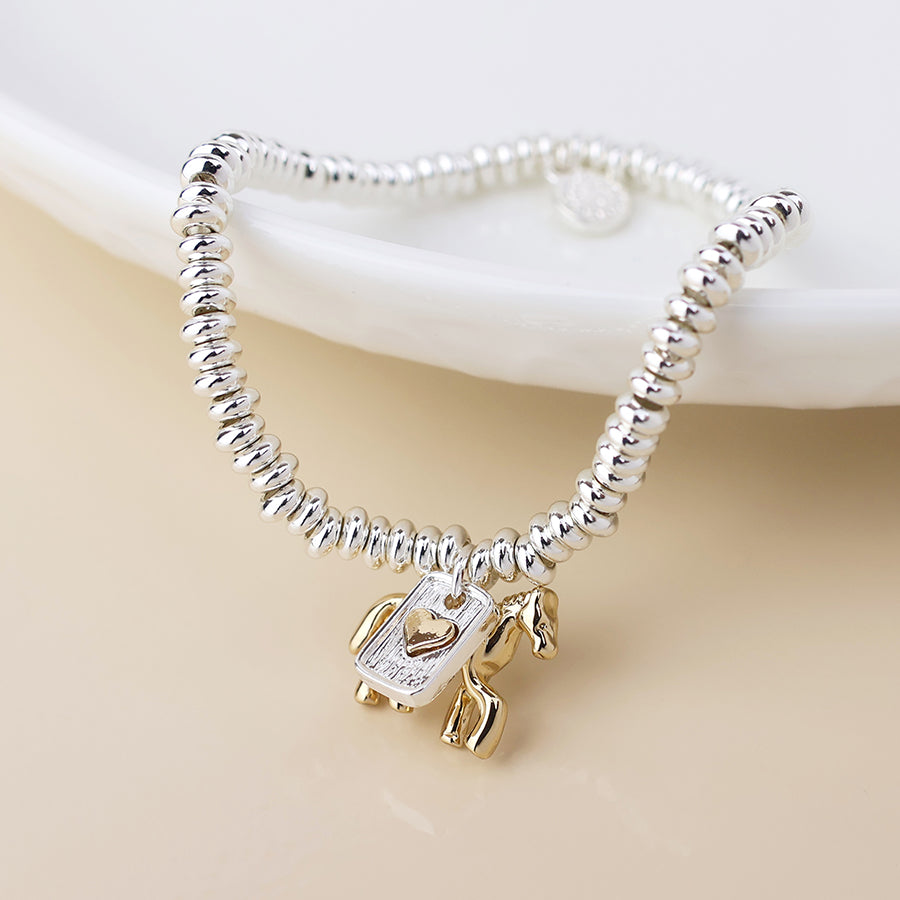 Stretch Bracelet With Horse and Heart Motif Charms | Silver Plated