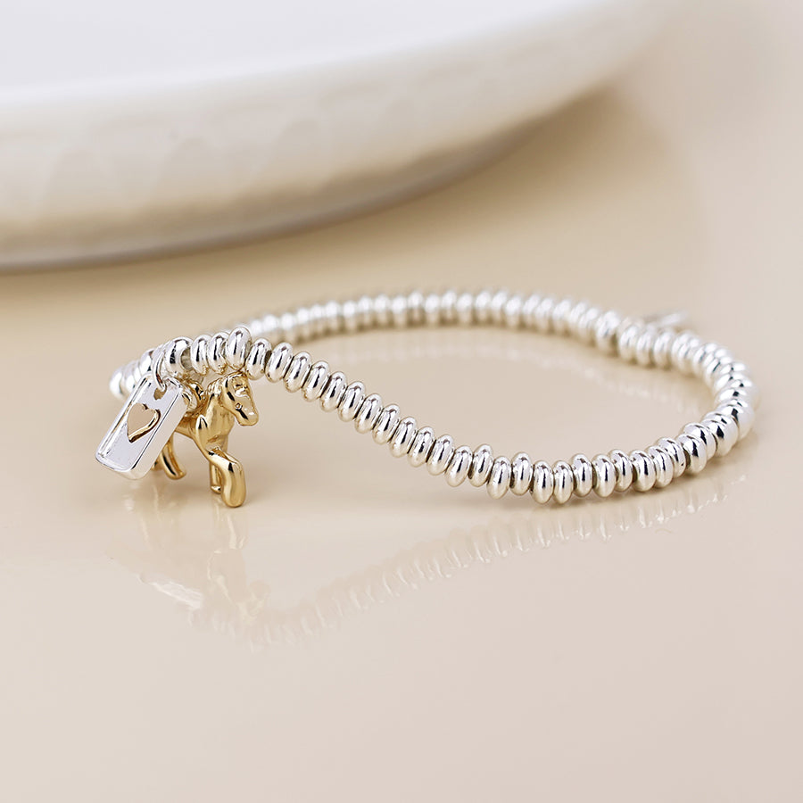 Stretch Bracelet With Horse and Heart Motif Charms | Silver Plated