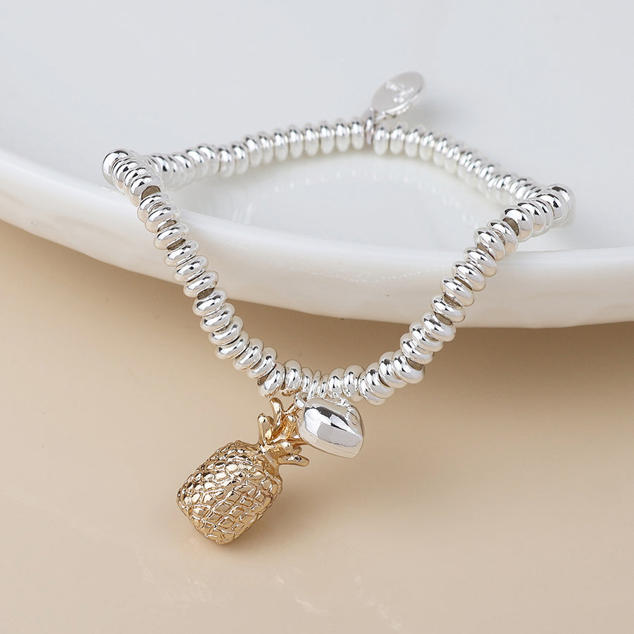 Stretch Beaded Bracelet With Pineapple and Heart Charms | Silver Plated