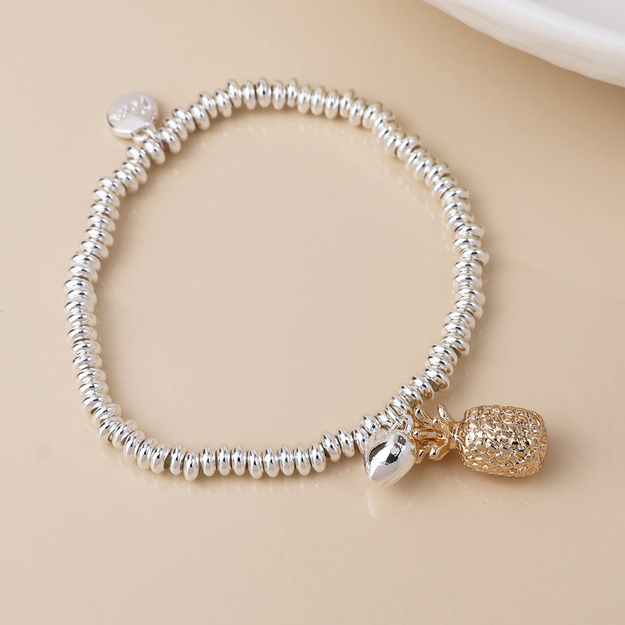 Stretch Beaded Bracelet With Pineapple and Heart Charms | Silver Plated