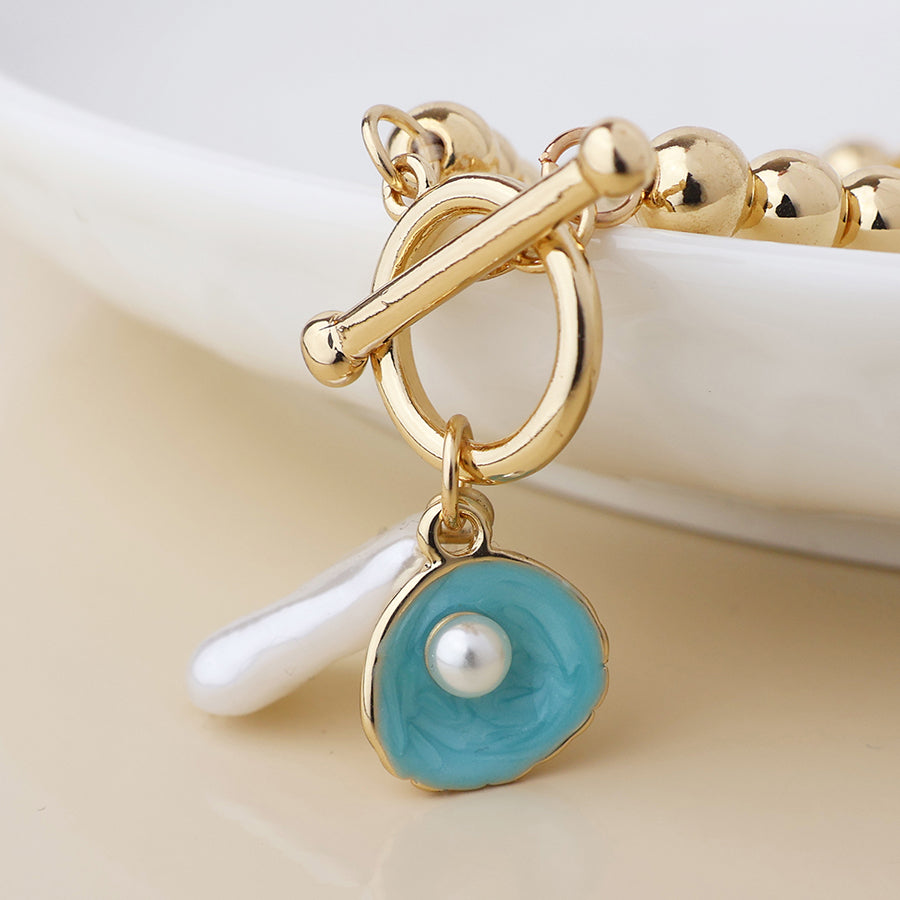 T-bar Bracelet With Shell and Pearl Charms | Gold