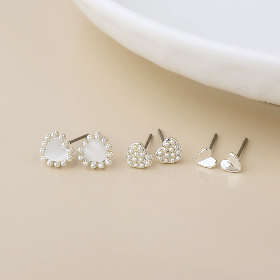 Triple Heart and Pearl Stud Earring Set