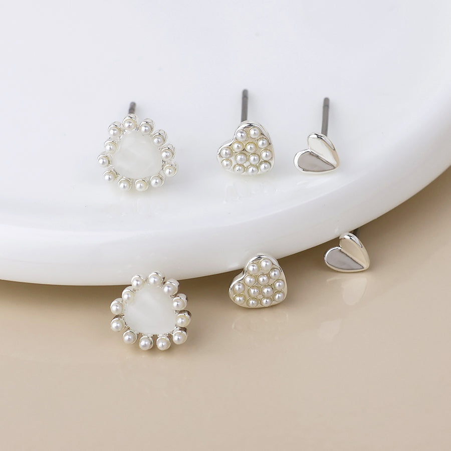 Triple Heart and Pearl Stud Earring Set