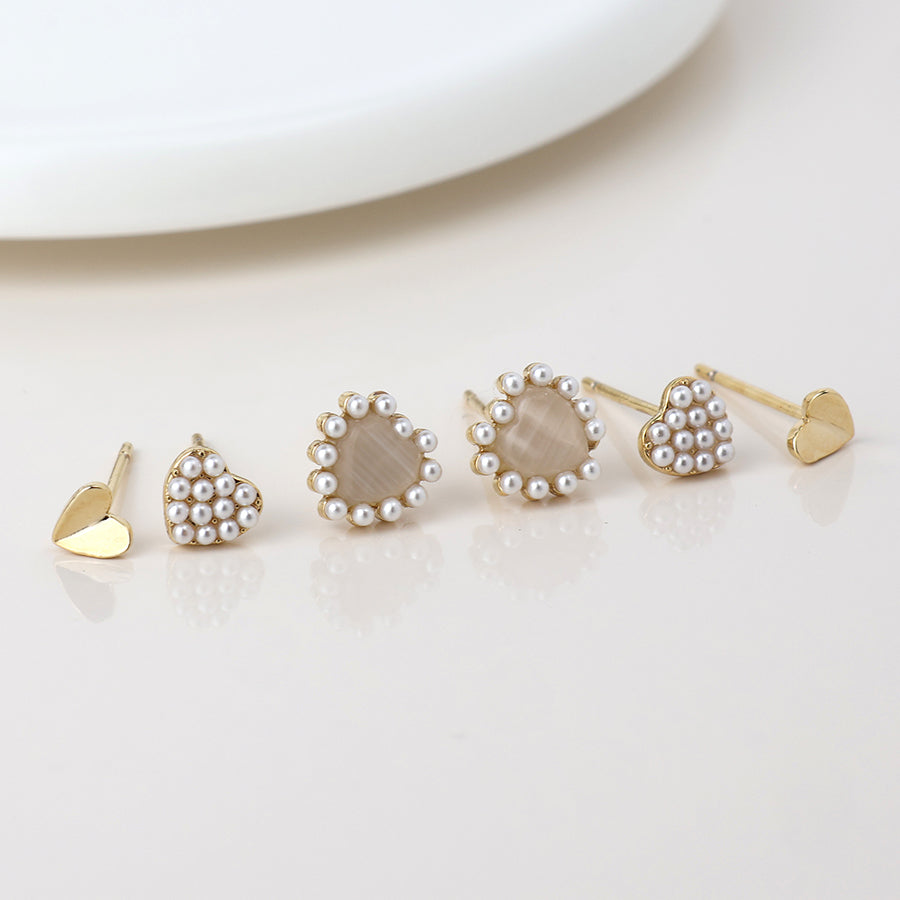 Triple Heart and Pearl Stud Earring Set