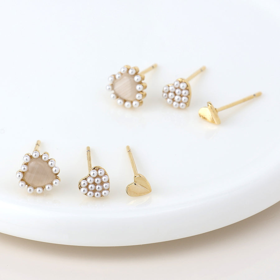Triple Heart and Pearl Stud Earring Set
