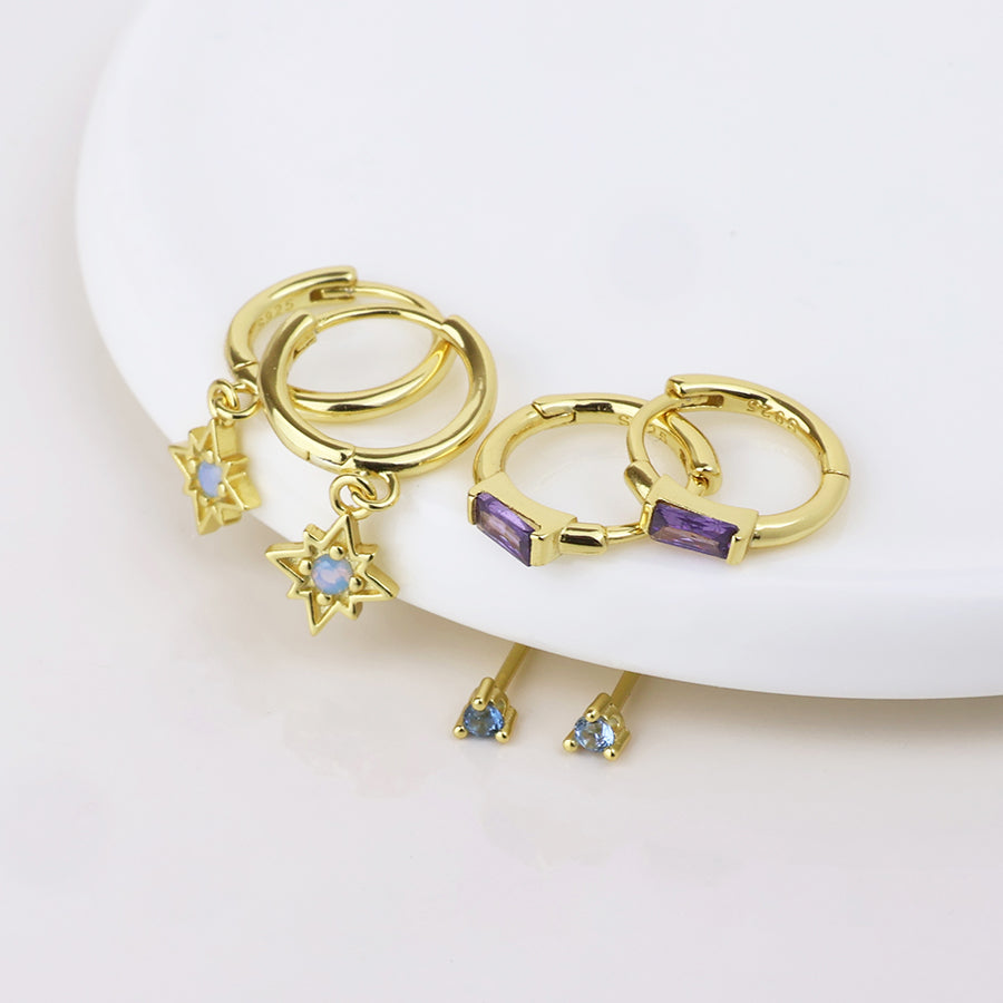 Ella Triple Earring Set with Blue & Purple Crystals | Gold Plated