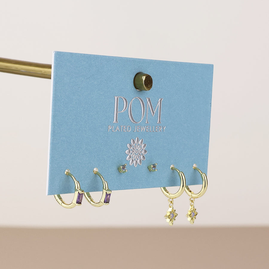 Ella Triple Earring Set with Blue & Purple Crystals | Gold Plated
