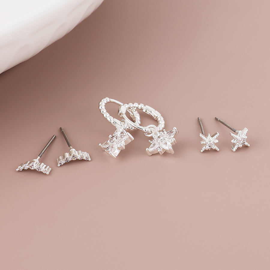 Shelby Twist Hoop & Crystal Triple Earring Set | Silver Plated