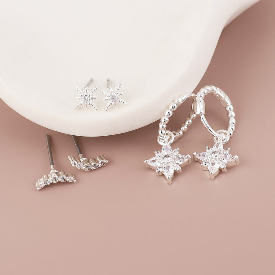 Shelby Twist Hoop & Crystal Triple Earring Set | Silver Plated