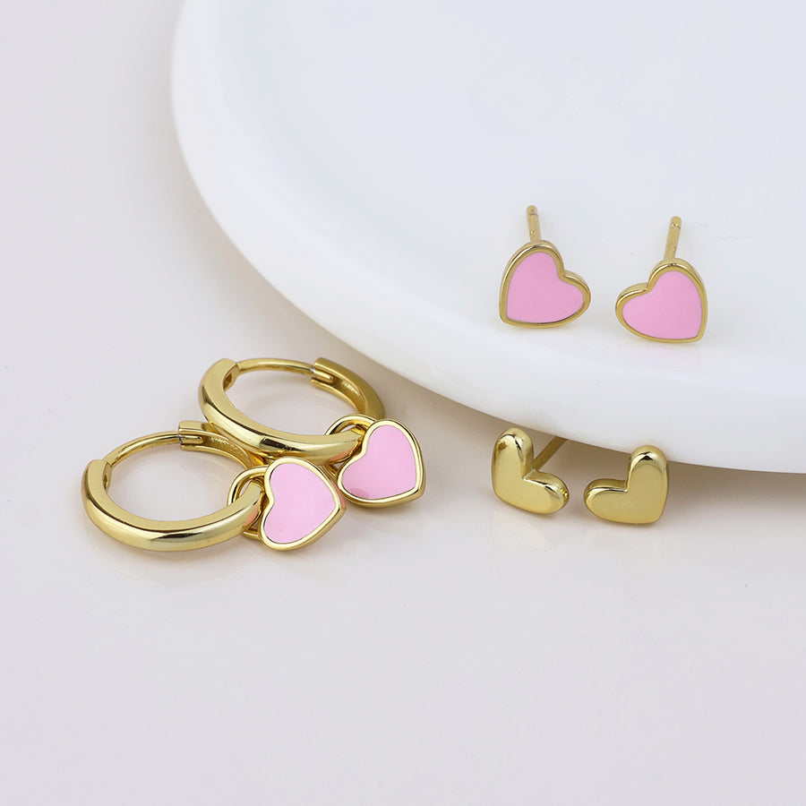 Valentina Enamel Triple Heart Earrings Set | Gold & Pink