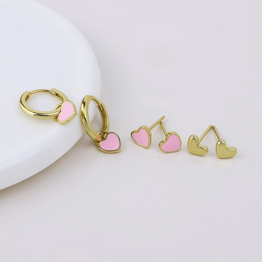 Valentina Enamel Triple Heart Earrings Set | Gold & Pink