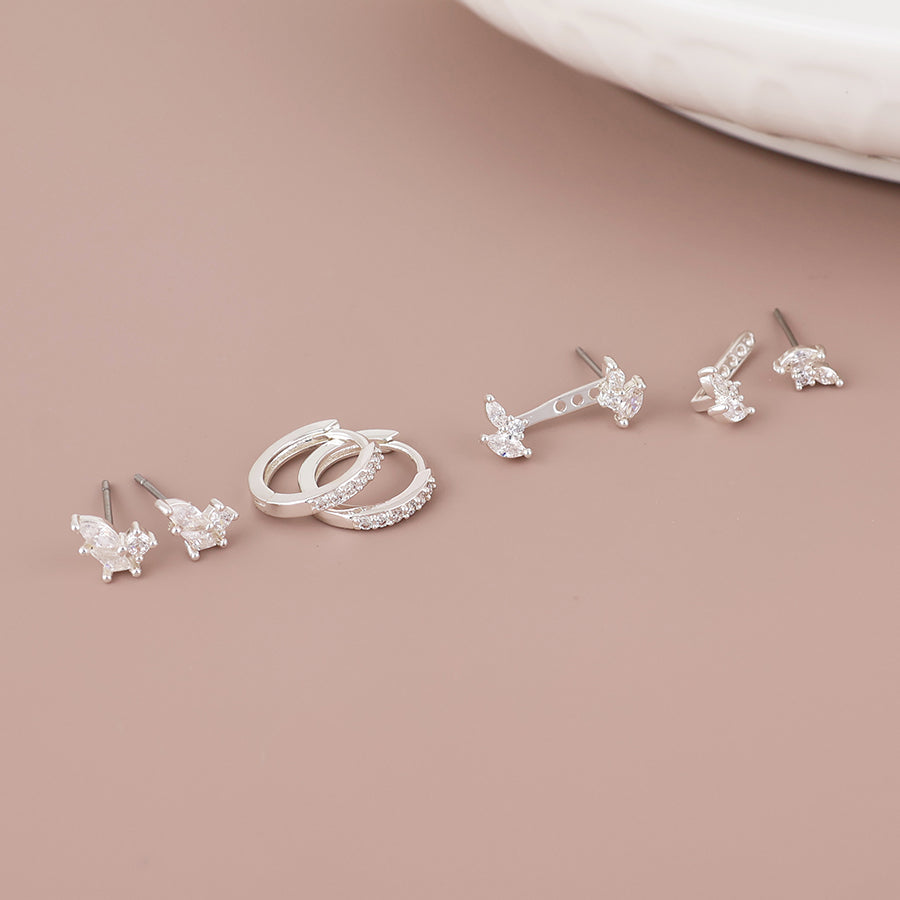 Thea Lobe Hugger, Hoop & Crystal Cluster Earring Set | Silver Plated