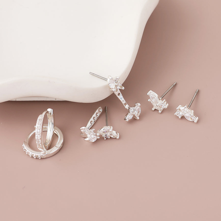Thea Lobe Hugger, Hoop & Crystal Cluster Earring Set | Silver Plated