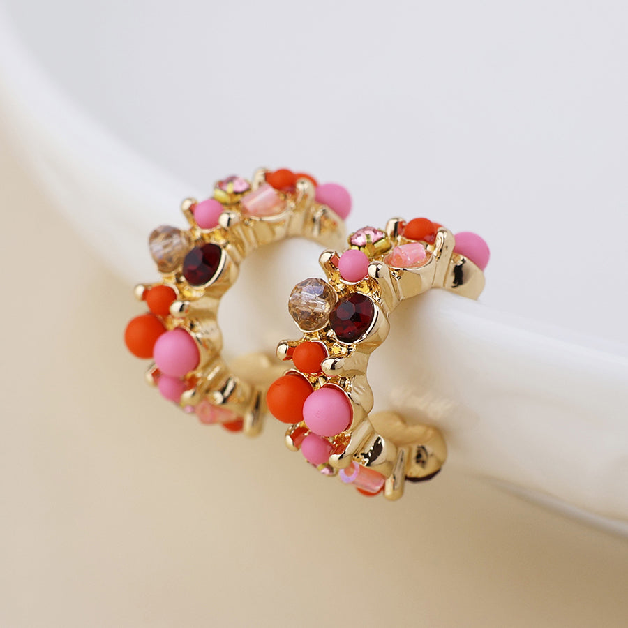 Clara golden cluster hoop earrings in pink and red