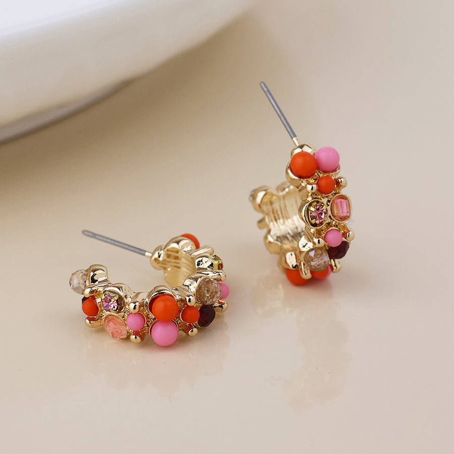 Clara golden cluster hoop earrings in pink and red
