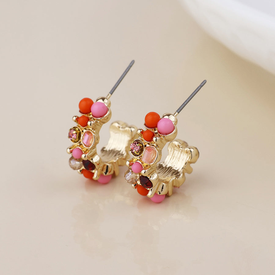 Clara golden cluster hoop earrings in pink and red