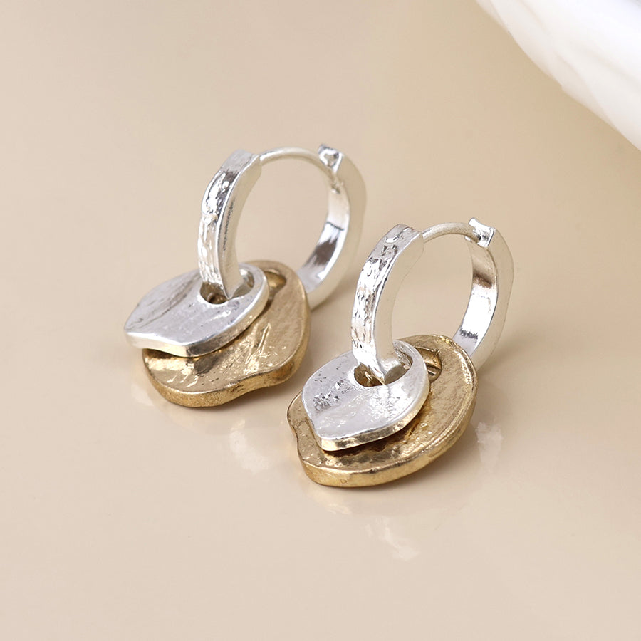 Solstice silver plated worn huggie and mixed metal disc earrings