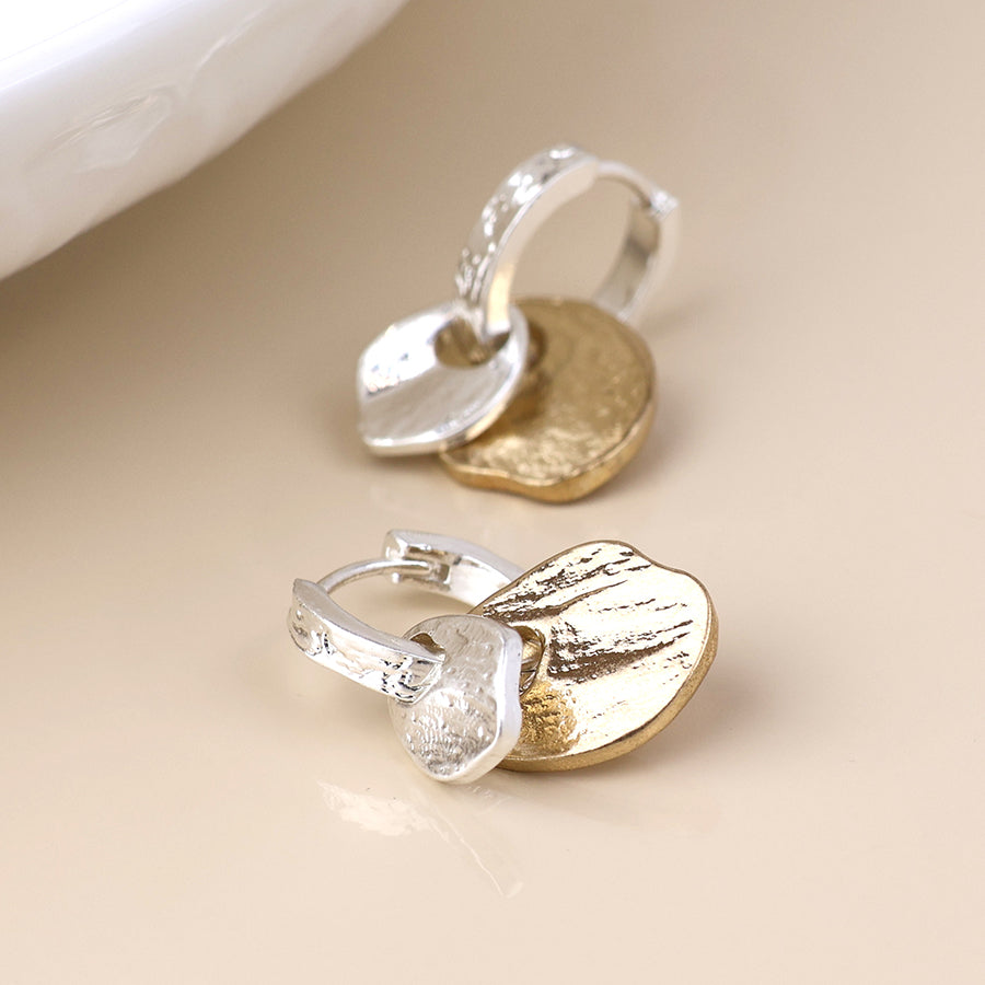 Solstice silver plated worn huggie and mixed metal disc earrings