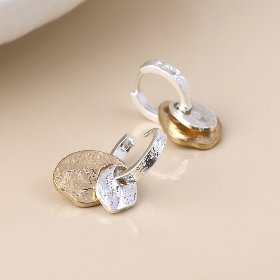 Solstice silver plated worn huggie and mixed metal disc earrings