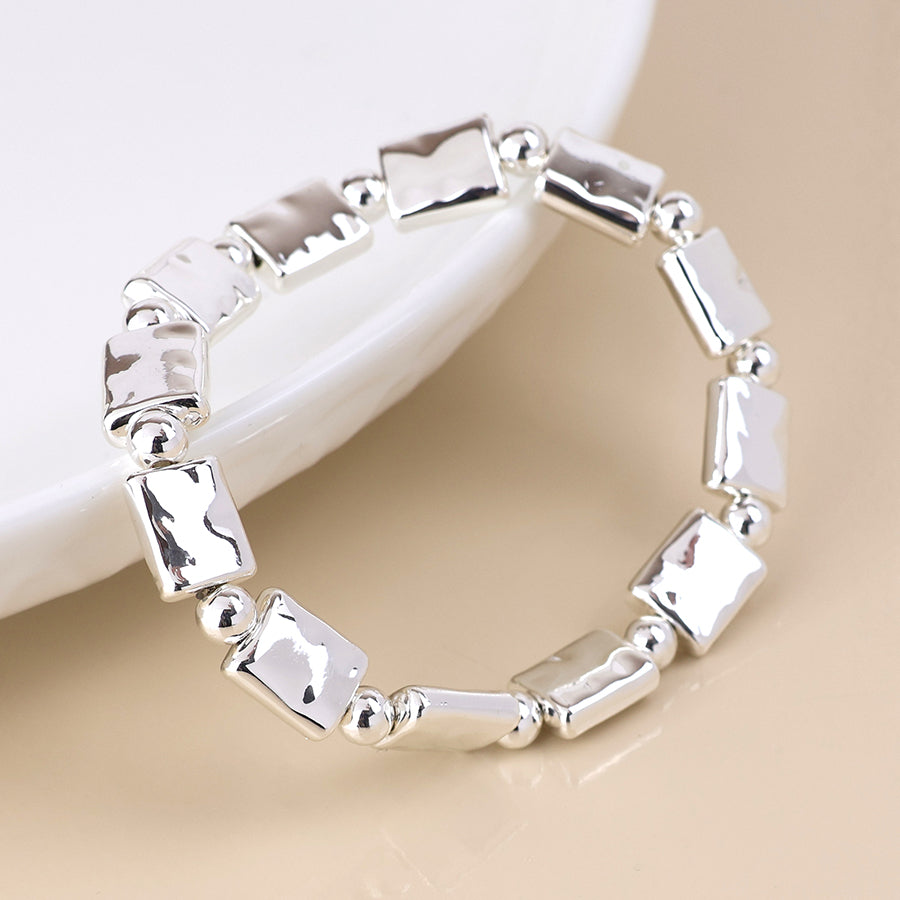 Cassia silver plated polished bead and oblong stretch bracelet