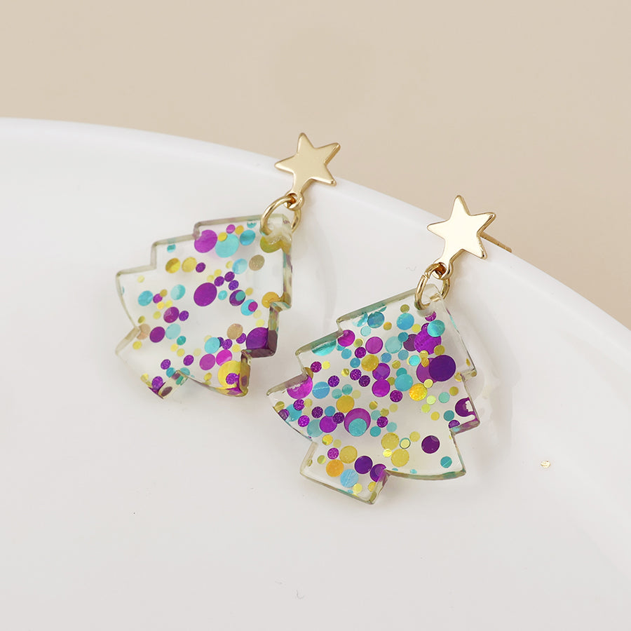 Piney Purple Mix Confetti Xmas Tree & Golden Star | Earrings