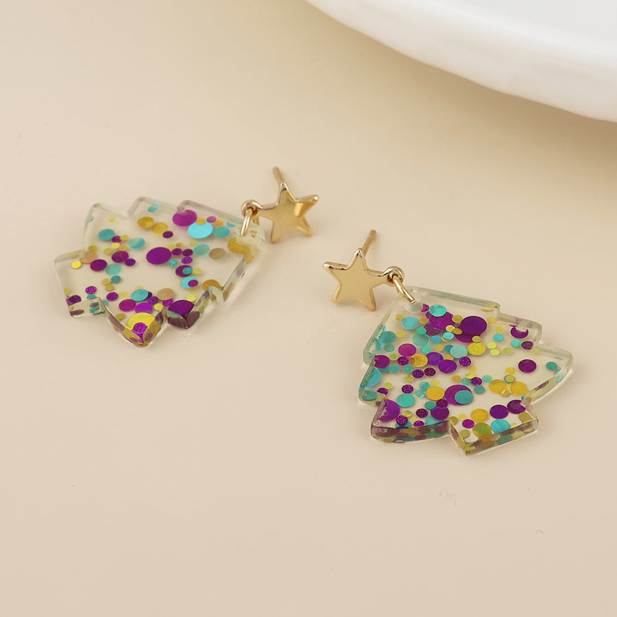 Piney Purple Mix Confetti Xmas Tree & Golden Star | Earrings
