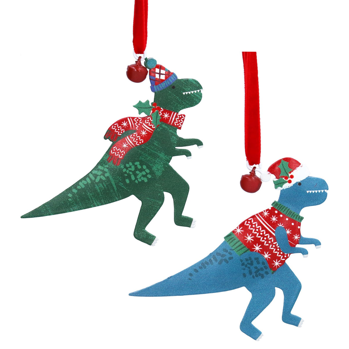Tin Hanging Decoration | 8cm | Green/Blue T-Rex in Jumper/Scarf, 2as