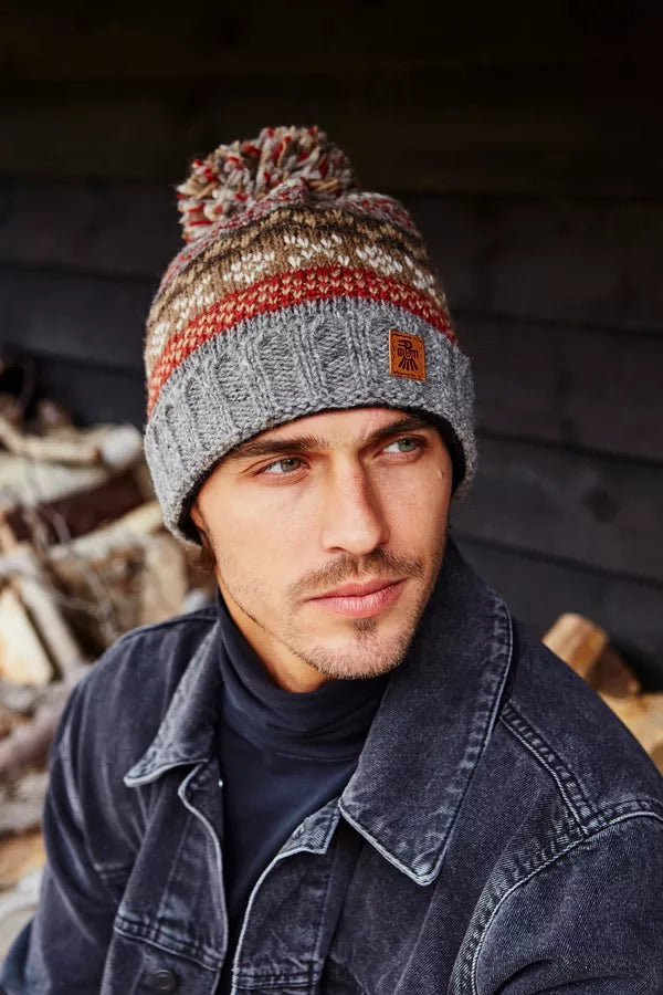 Mens Classic Fairisle Bobble Beanie | Grey