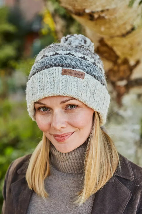Classic Fairisle Roll Back Bobble Beanie | Natural