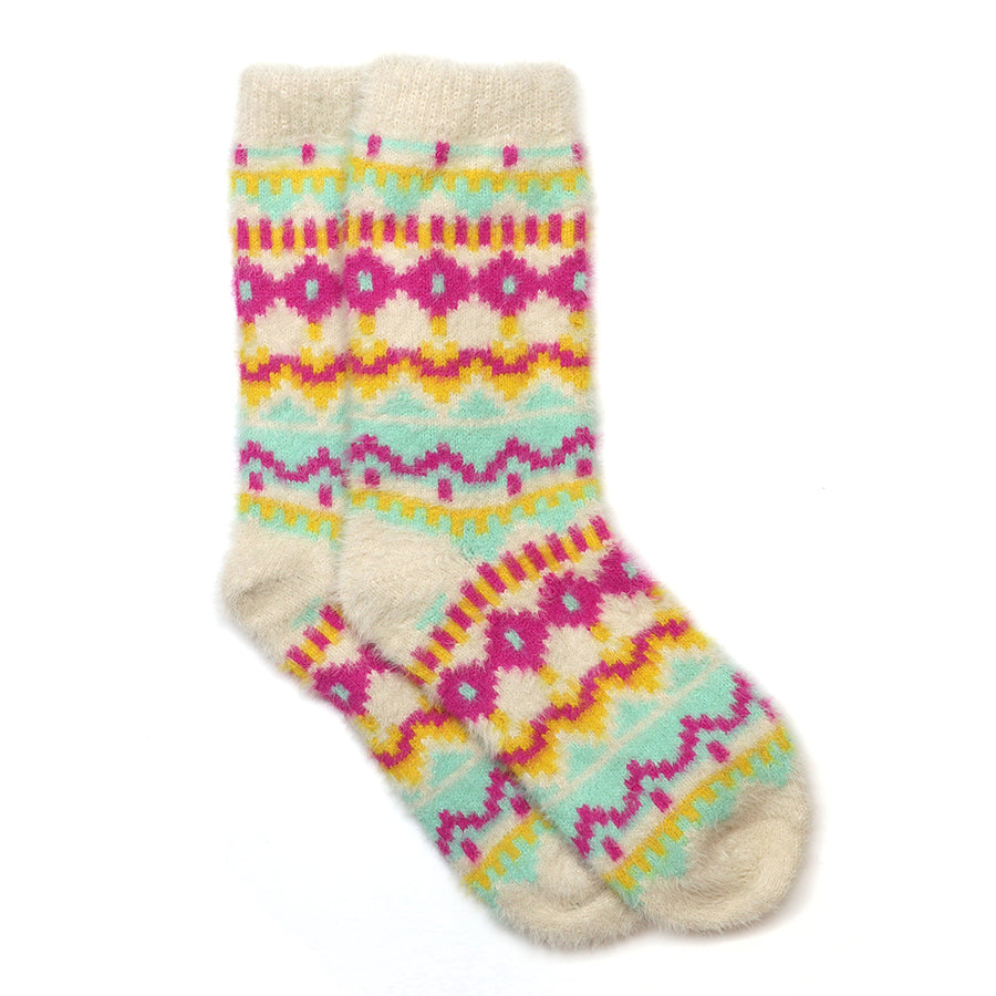 Mia Cream & Neon Mix Zig-Zag Fluffy Knit | Socks