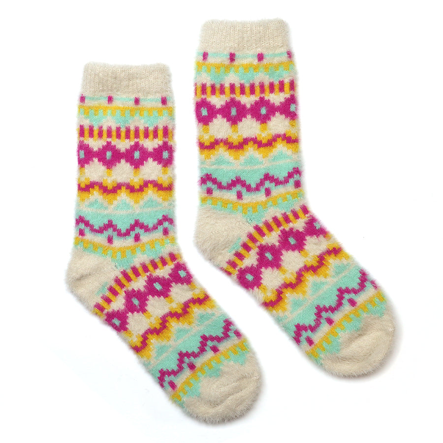 Mia Cream & Neon Mix Zig-Zag Fluffy Knit | Socks