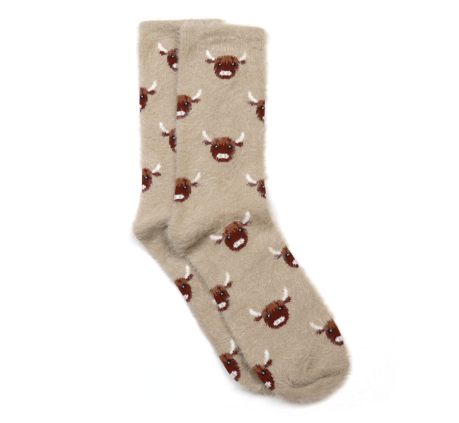 Mabel Warm Taupe Fluffy Highland Cow Socks